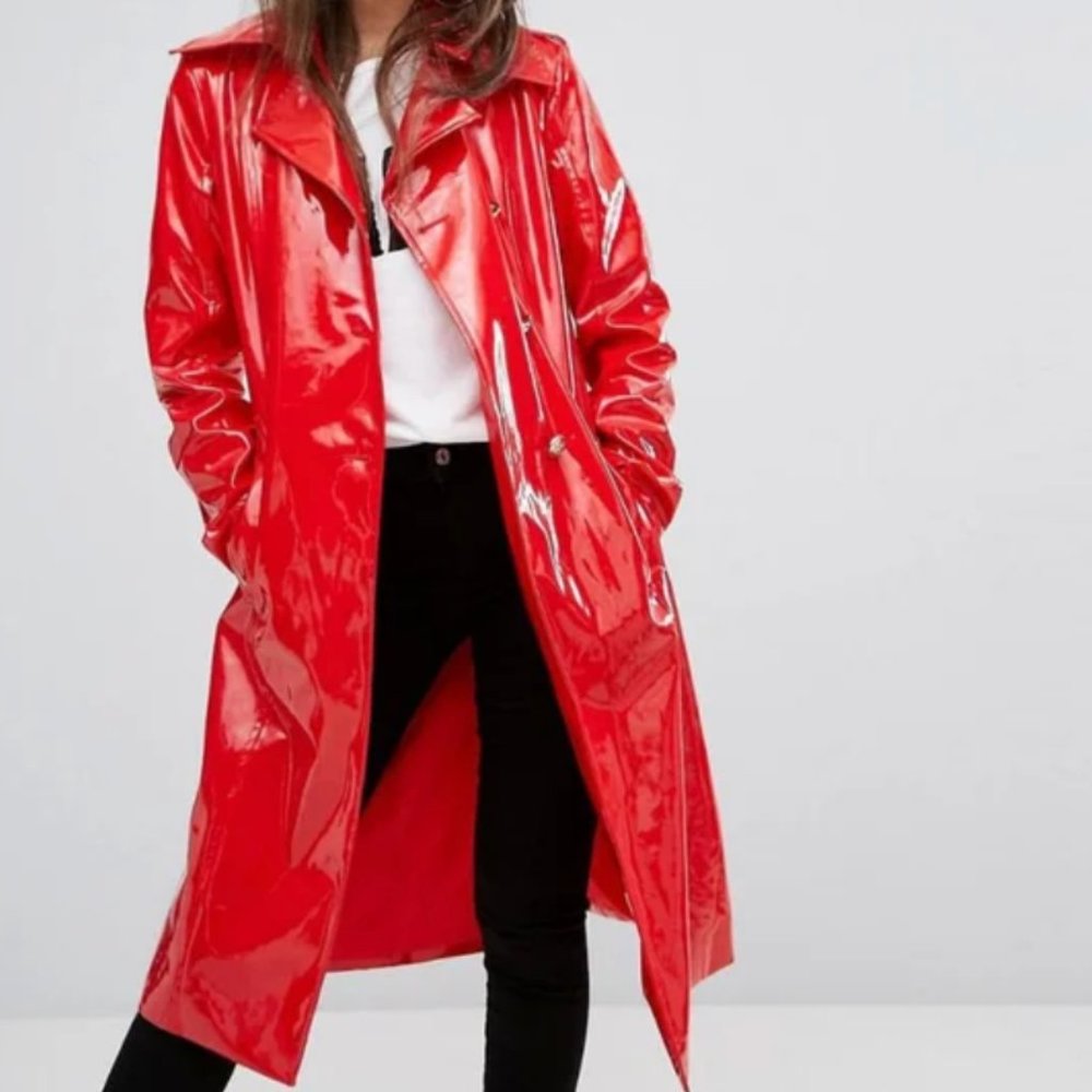 PrettyLittleThing Red Patent Leather Vinyl Trench Coat